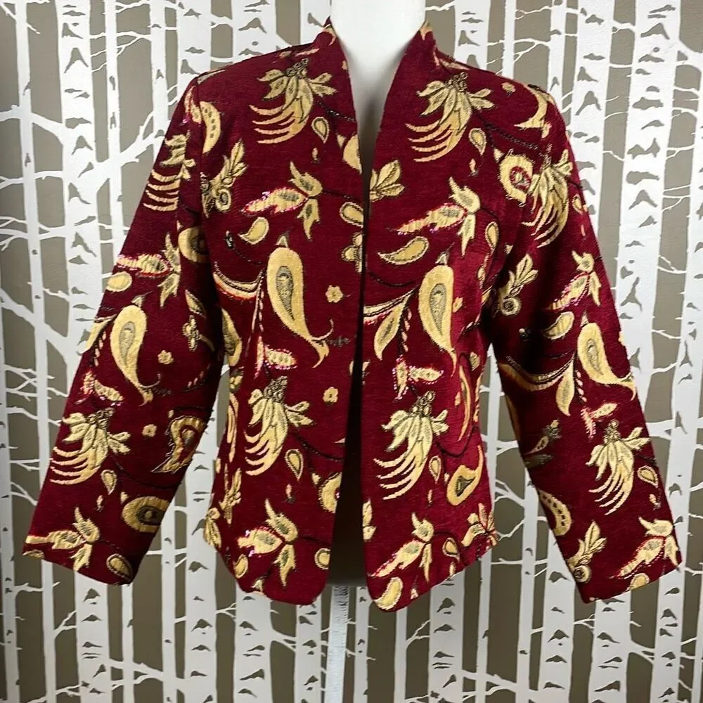 Bob Mackie Vintage Paisley Floral Tapestry Collarless Embellished Blazer